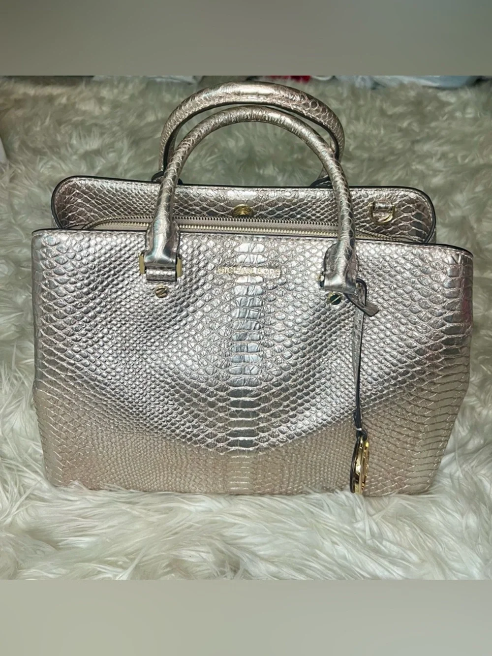 Michael Kors Metallic Golden BronzeSnake-Embossed Top-Handle Satchel - Picture 4 of 16